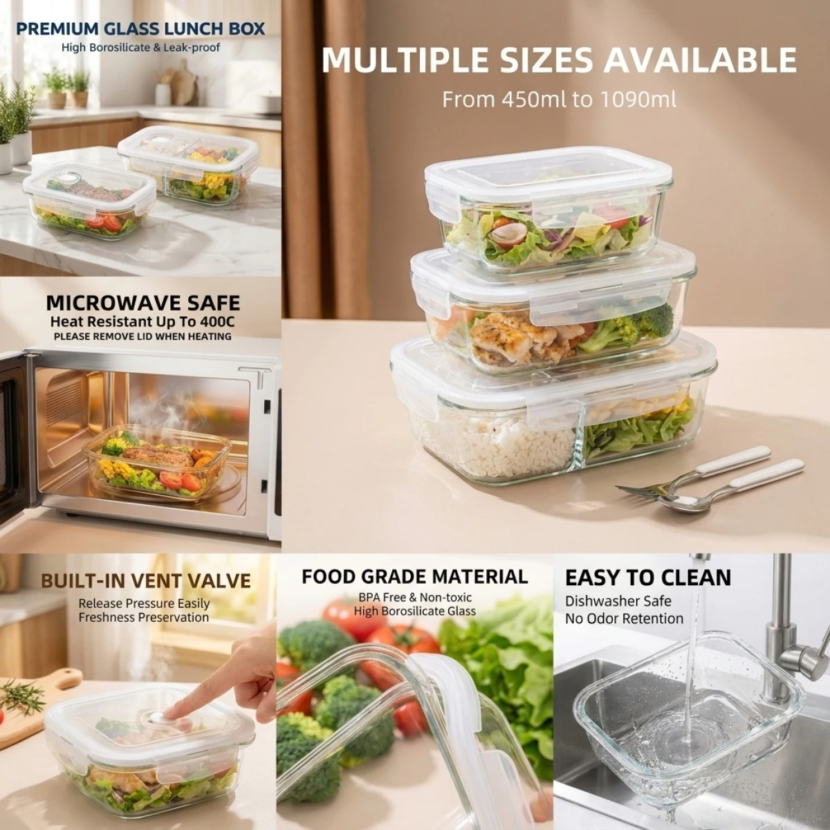 

Multiple Sizes Glass Lunch Box–High Borosilicate,Leak-Proof,BPA Free&Non-Toxic,Microwave Safe (Lid Off),Perfect for Meal Prep