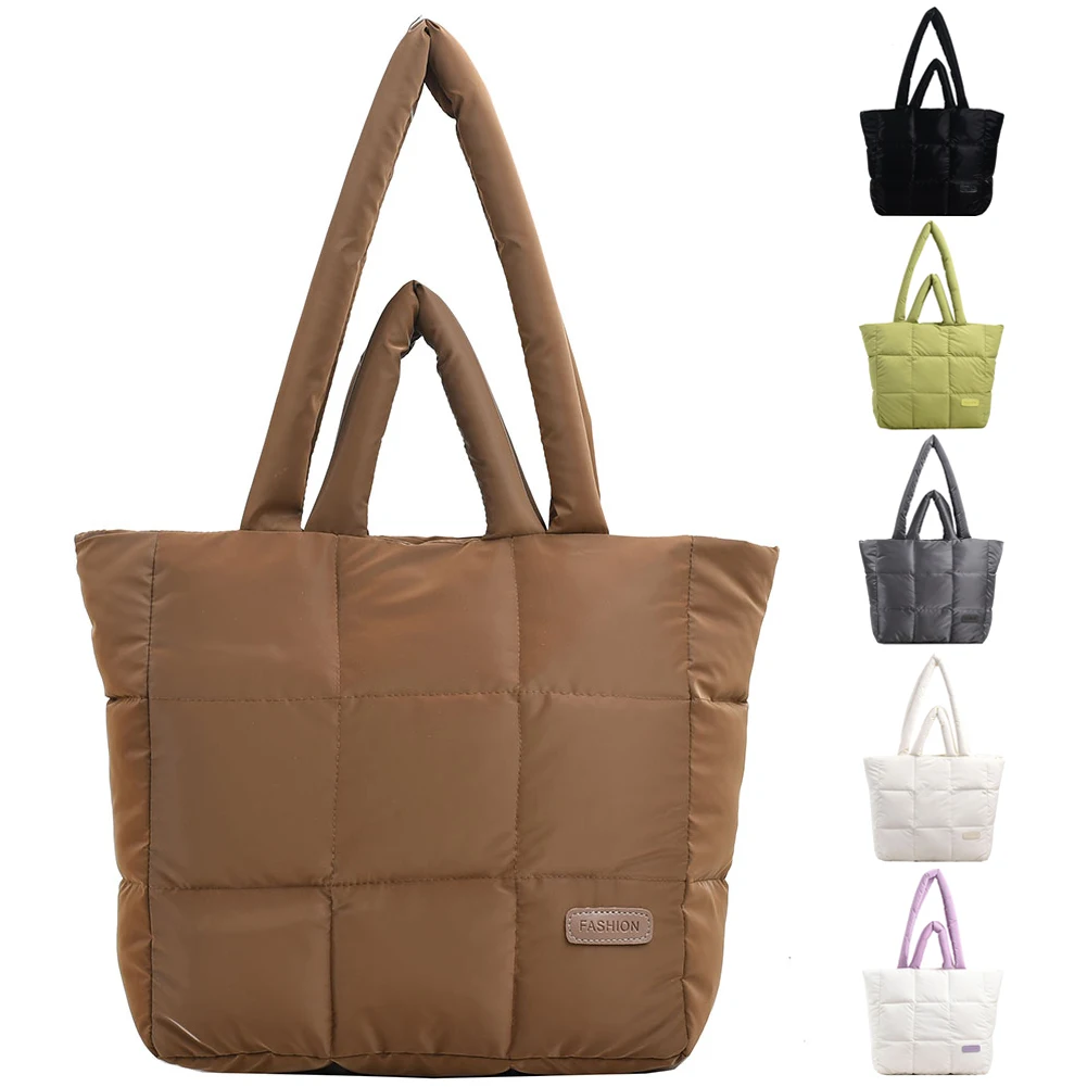 Sac à main matelassé à carreaux pour femmes, sac fourre-tout rembourré en duvet, sac à main monochrome, grande capacité, sac carillon décontracté pour dames et filles