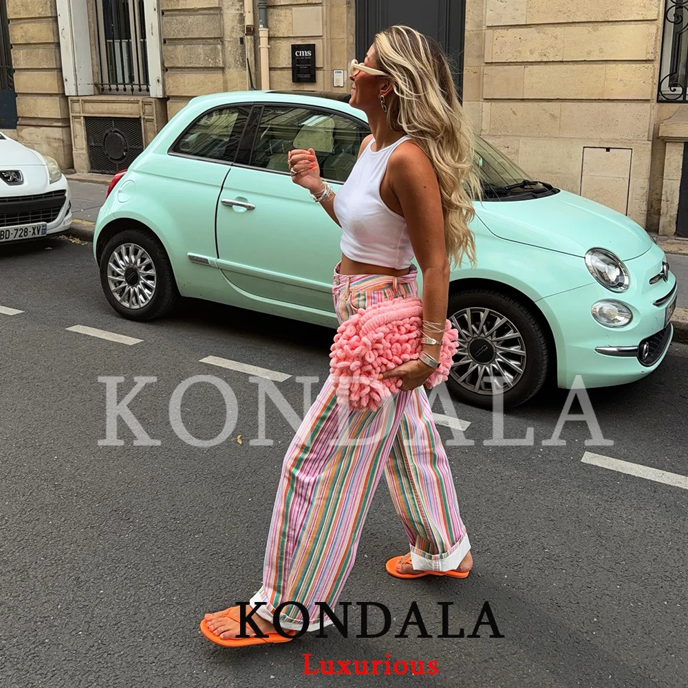 KONDALA Streetwear Damen Regenbogen-Streifen-Hose Damen Weite Bein-Hose mit Taschen Denim Damen Hose Mode 2026 Herbst Y2K Mädchen Partyhose – Detail 4