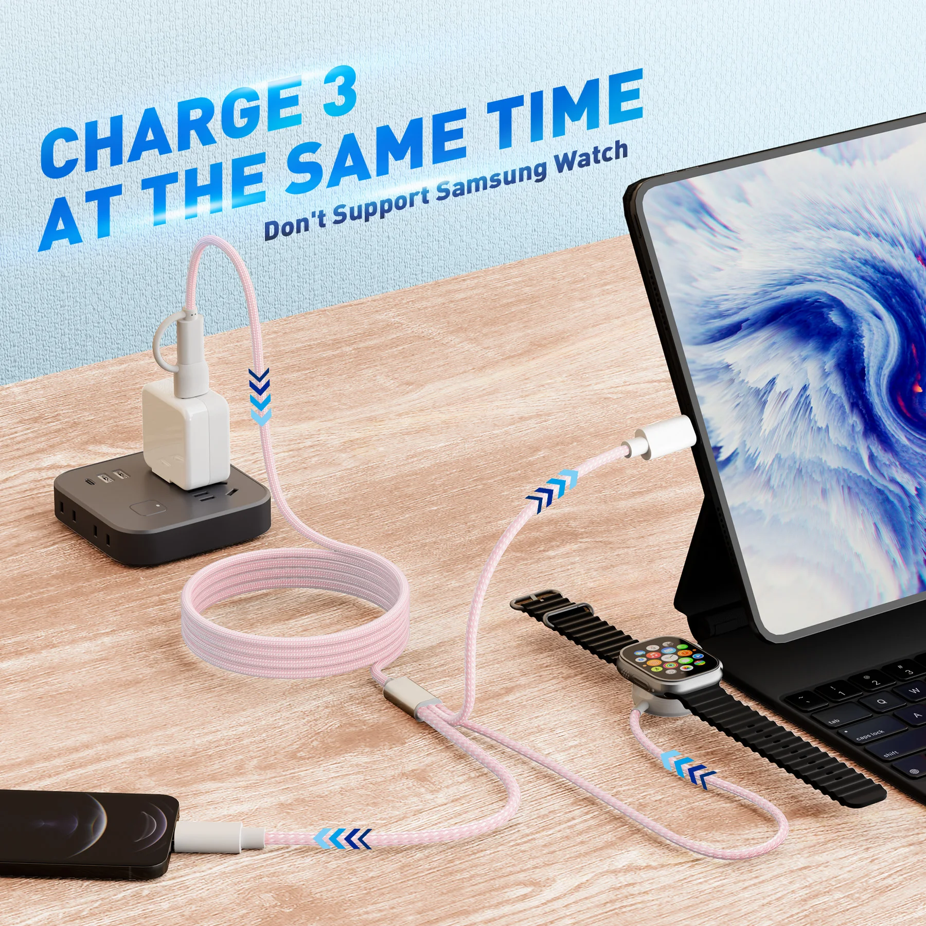 Cable de datos USB C 3 en 2 adecuado para cargador Apple Watch con múltiples cables de carga rápida