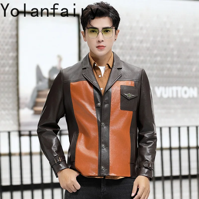 YOLANFAIRY Sheepskin Real Leather Jacket Orange-brown Autumn Winter Clothes Short Fashion Mens Coat Slim Fit Casaco Masculino