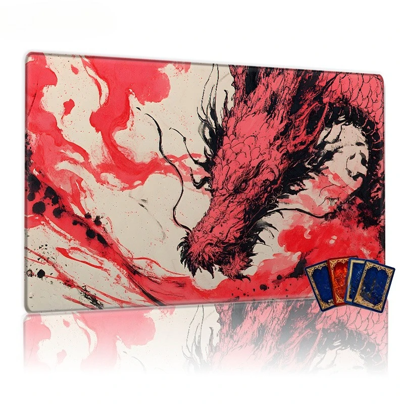 Dynamic East Asian Style Dragon Pattern Red and Black Ink Wash Artistic TCG Game Mat Collectible Card Game Table Mat