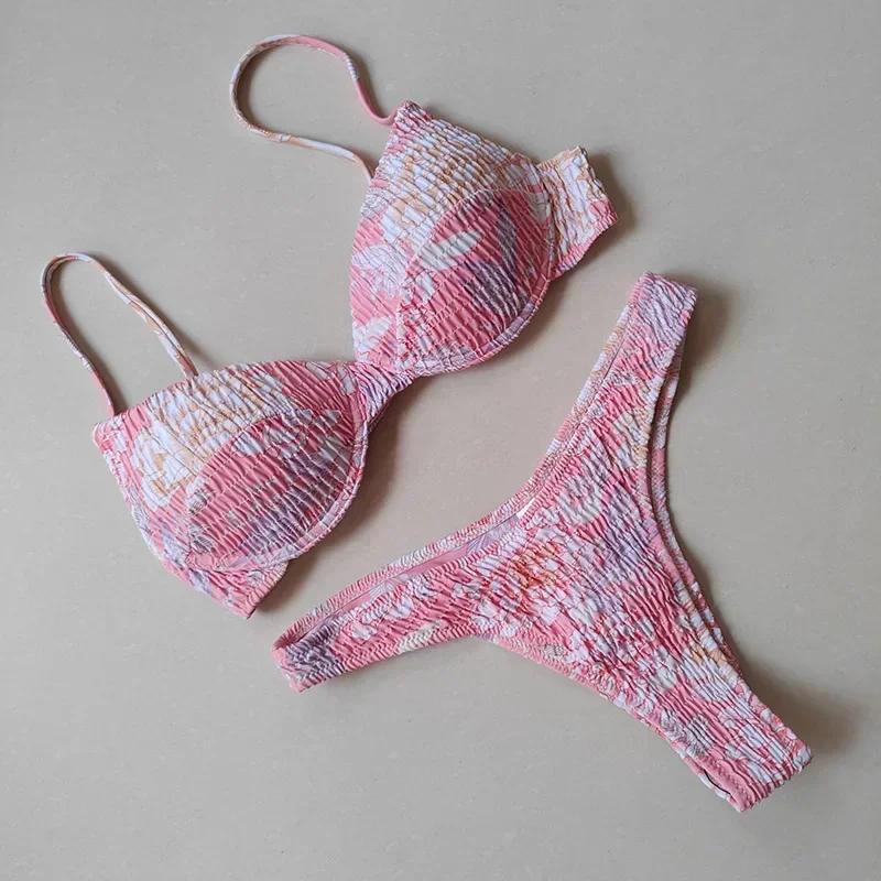 جديد مثير Underwire رفع مجموعة البكيني النساء مثلث البرازيلي البيكينيات ملابس السباحة Ruched Biquini المطبوعة لباس سباحة ملابس الشاطئ