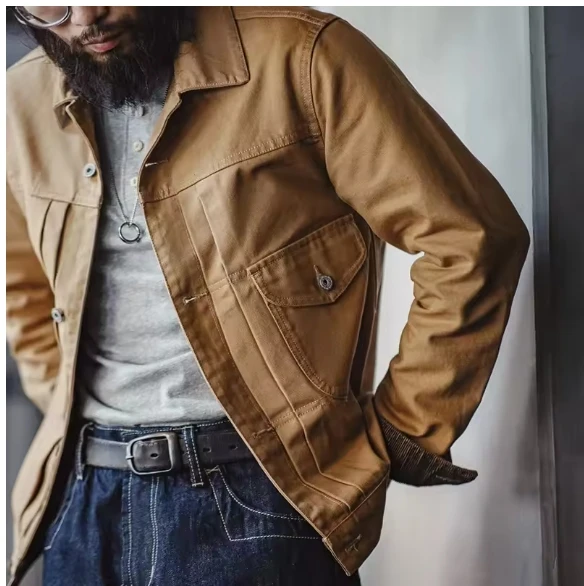 Vintage Heavyweight Canvas Rancher Jackets with Collar Back Paris Button Design Denim Jacket for Men Fall Pocket Outerwear