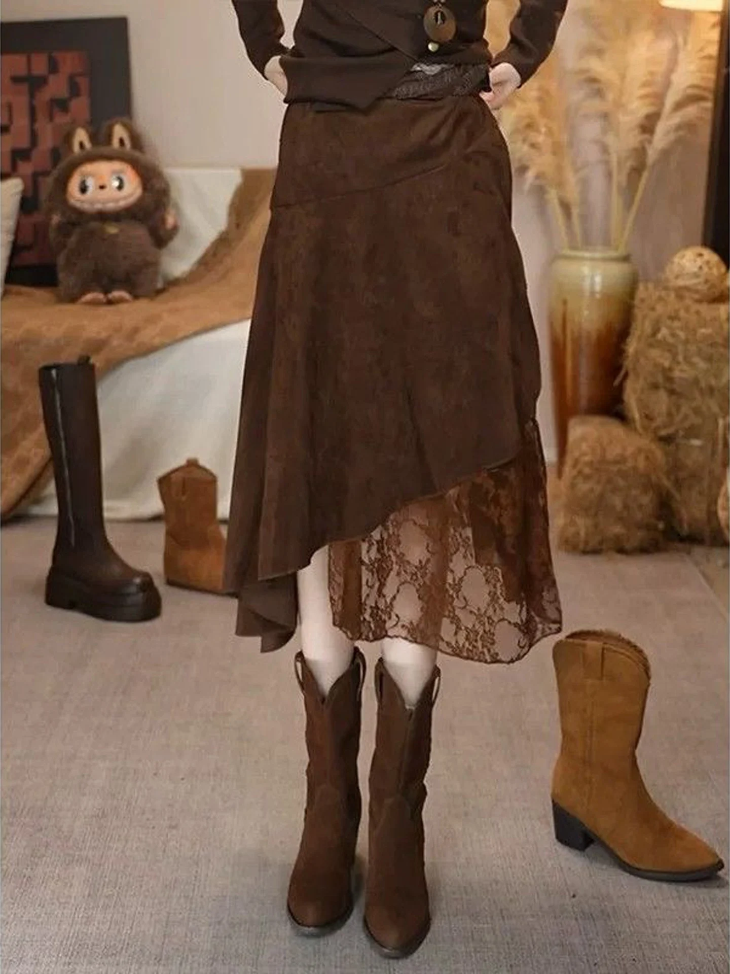 Korean Style High Waist A-Line  Skirt Women's Autumn New Splicing Mid-Length Asymmetrical Skirts Fashionable All-Match