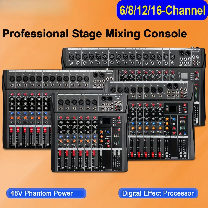 

Mixing Console, 6/8/12/16 Channel Mixer, Belt USB, PC Recording Input, XLR Microphone Jack, 48 V Power Supply, RCA Input/Output,