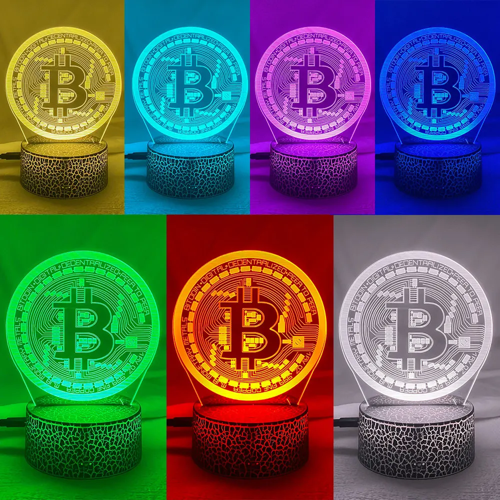 Lampu malam Led akrilik Bitcoin untuk kamar, lampu malam dekoratif Sensor sentuh 7 warna berubah daya baterai lampu malam meja 3d