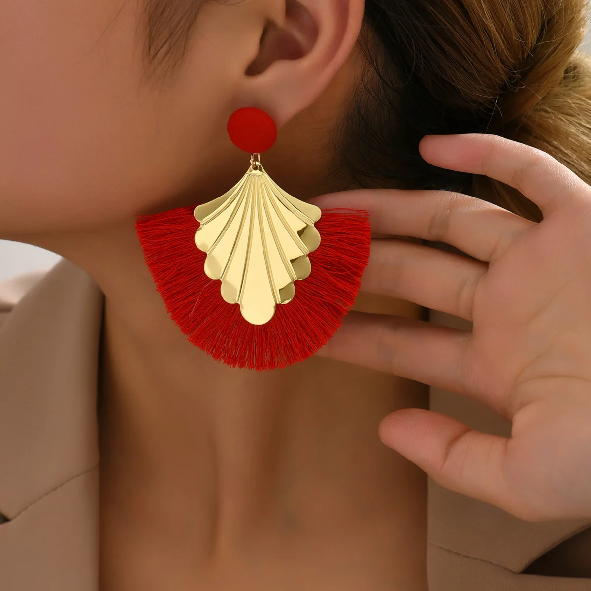 Bohemian fan shaped tassel earrings with fashionable ripple design and exaggerated style earrings view 5