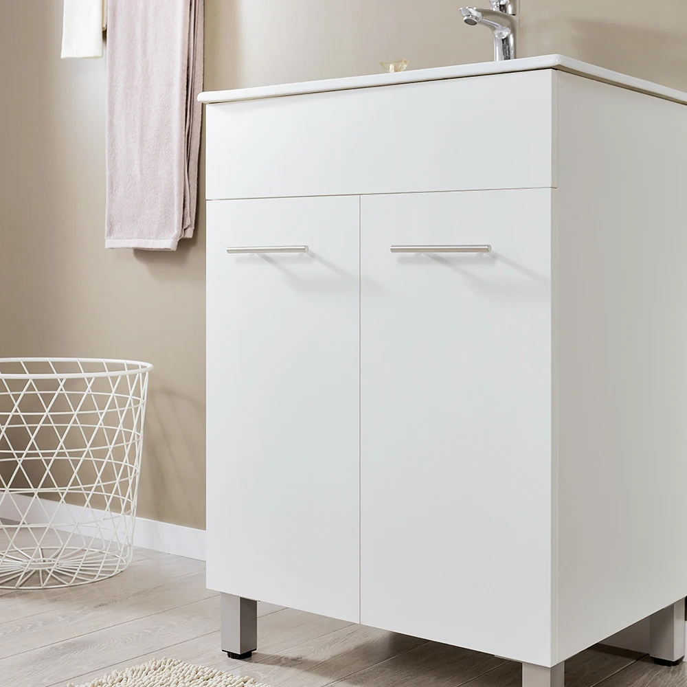 Tocador de baño de diseño de cliente, mueble de 2 puertas de pie con espejo, mármol blanco