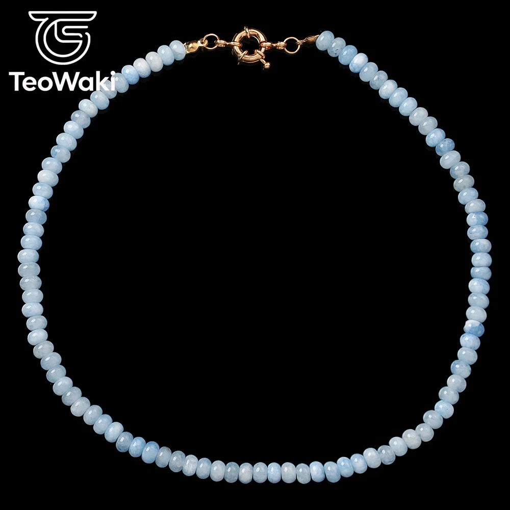 TeoWaki Aquamarine Rondelle Natural Stone Beaded Necklace 4x6mm Thanksgiving Gift Stackable Women Daily Party Jewelry 40cm