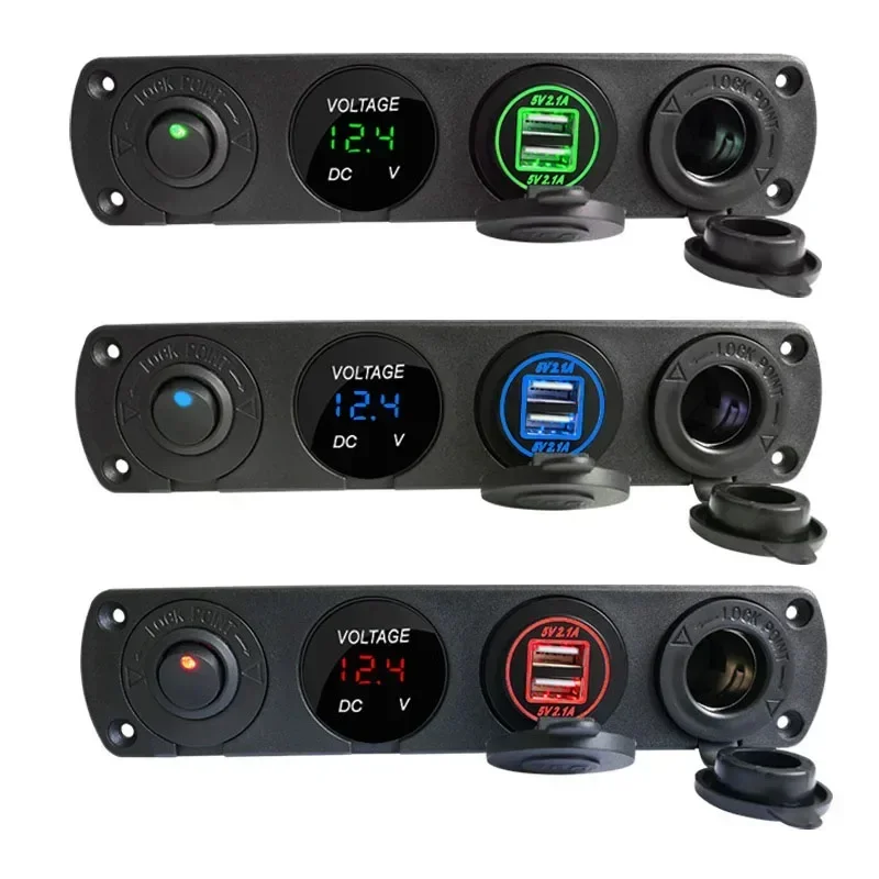 4 in 1 Marine Switch Panel 12V Dual USB Charger Socket Power Outlet LED Voltmeter Cigarette Lighter Socket ON Off Button Switch