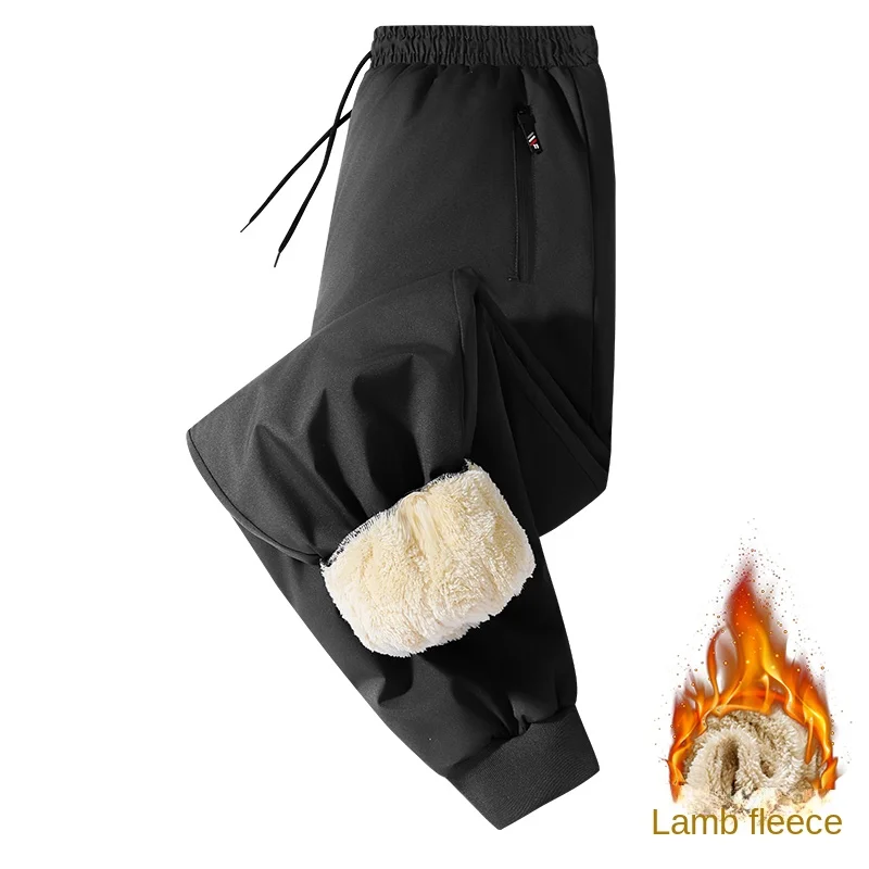 Men's Fleece-lined Thickened Straight Leg Long Pants Insulated Casual Pants Windproof Graphene Knee Pad Cotton Pants Goatskin Fl