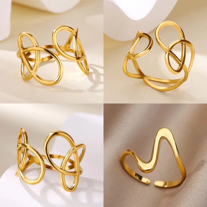 Edelstahl Geometrische Hohl Ringe Für Frauen Gold Farbe Unregelmäßige Wrap Finger Ring Minimalistischen Hochzeit Weihnachten Schmuck Geschenk