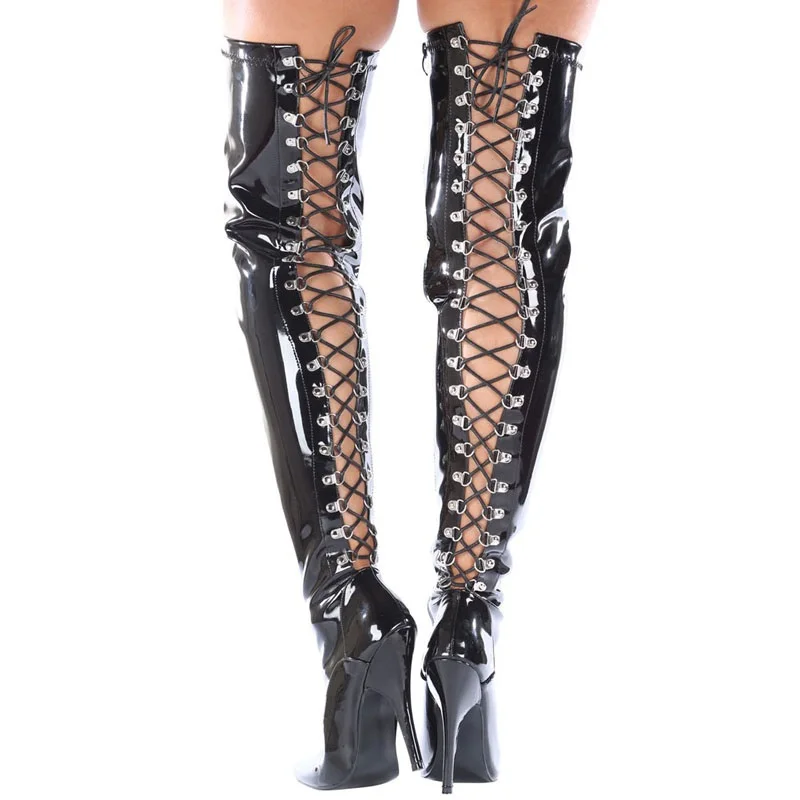 CACA stivali alti alla coscia da donna con tacco da 12cm, scarpe da Pole Dance Cosplay da uomo, Botas lunghe Fetish, nero, rosso, allacciate sul