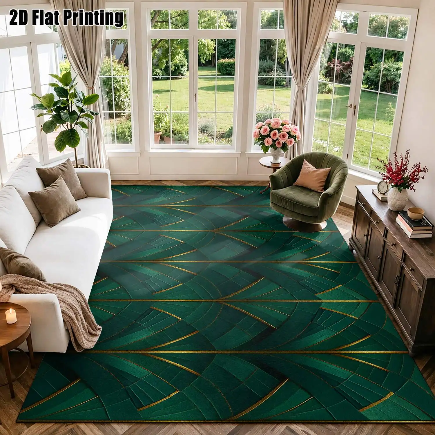 1Pc 2D Printed Carpet: Dark Green Geometric Line Pattern, Nordic/Instagram-Inspired, Modern Minimalist Retro European Style, Machine Washable, Multi-Size, Suitable for Home Decor, Entrance/Dining/Foyer/Study/Living Room
