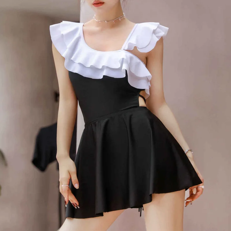 

2023 New Summer Fashion Diagonal Collar Ruffles Open Waist Open Back Pure Hot Spring Beach Sexy One-piece Swimsuit Plus Skirt