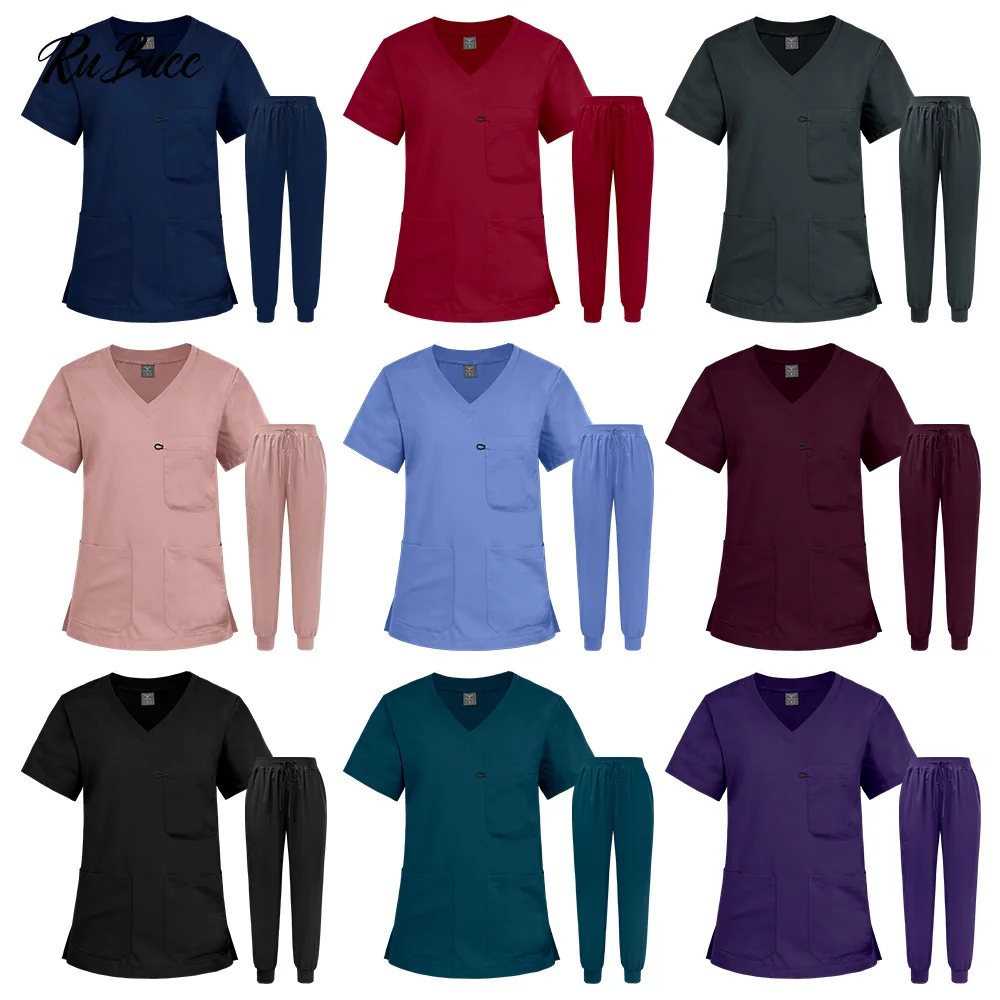 Nurse Uniform Elatic Solid Color Tops Pants Woman Dental Clinic Doctor Work Clothes Pet Hospital Vet Medical Uniforms Scrubs Set