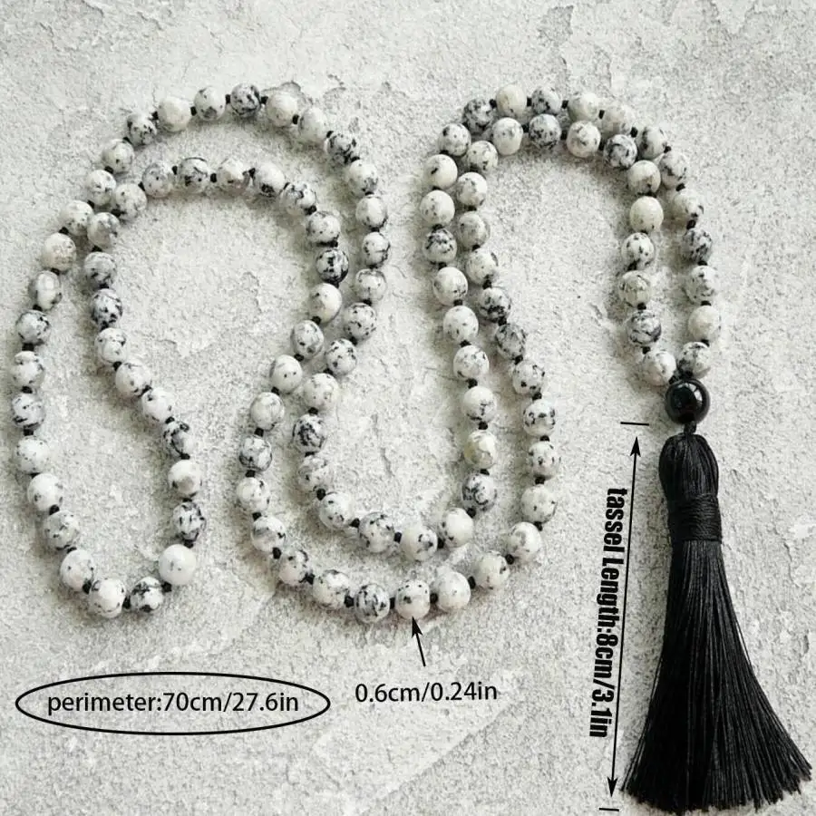 Natural White Black Spot Jasper 108 Beads Mala Necklace with Black Tassel Healing Crystal Jewelry