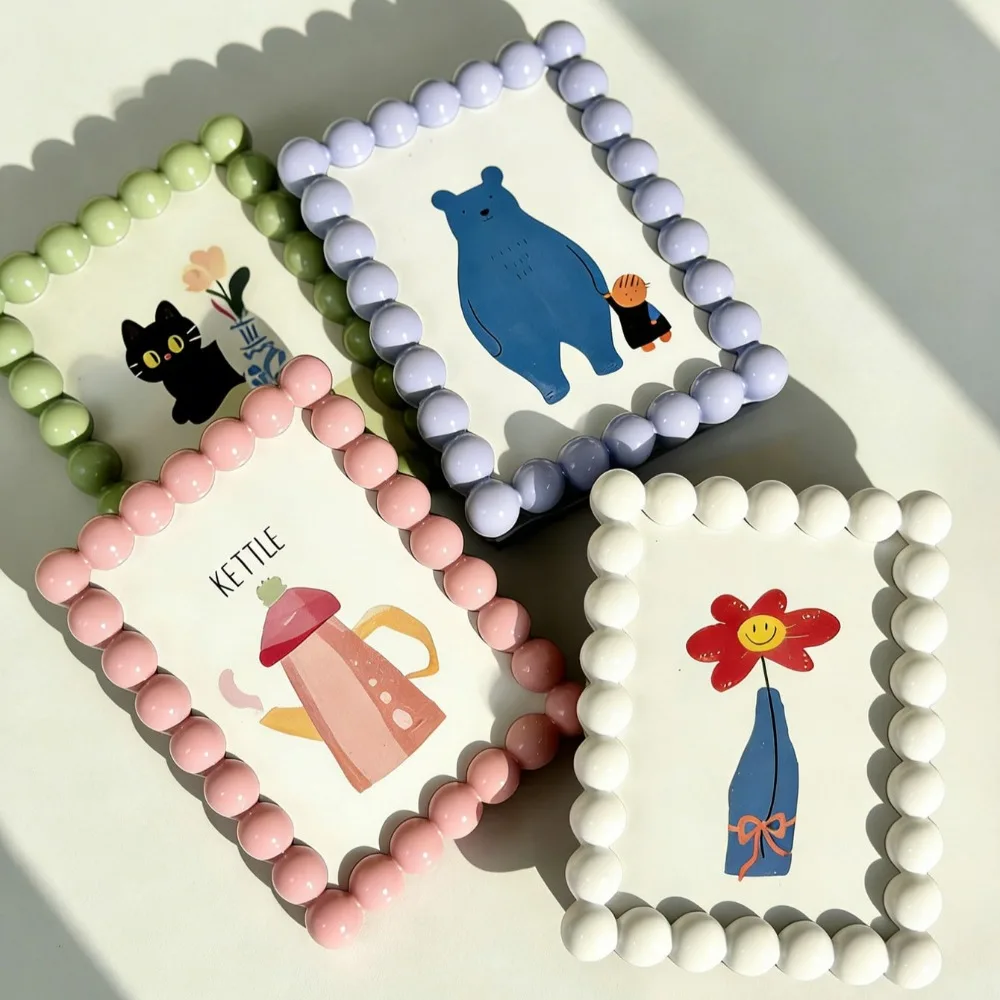 Cute Beaded Cartoon Photo Frame Round Ball Bead Border Decorative Picture Holder Tabletop Display Frame for Art Print Card Photo