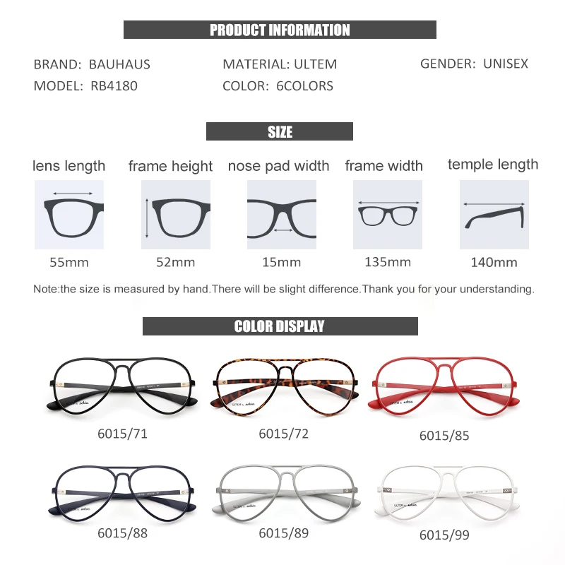 RB4180 6015 Aviation Frame Sunglasses Male Classic Eyeglasses Transparent Clear Lens Optical frame