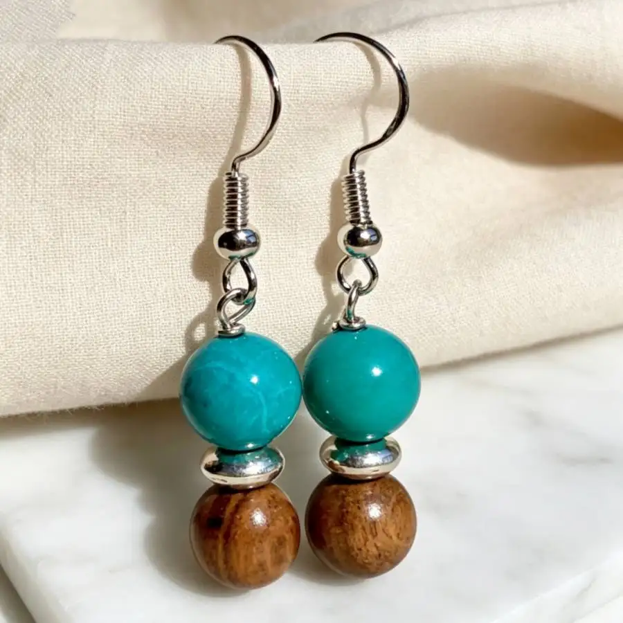Handmade Bohemian Turquoise Wood Bead Dangle Earrings Silver Hook Vintage Ethnic Stacked Drop Earrings For Women