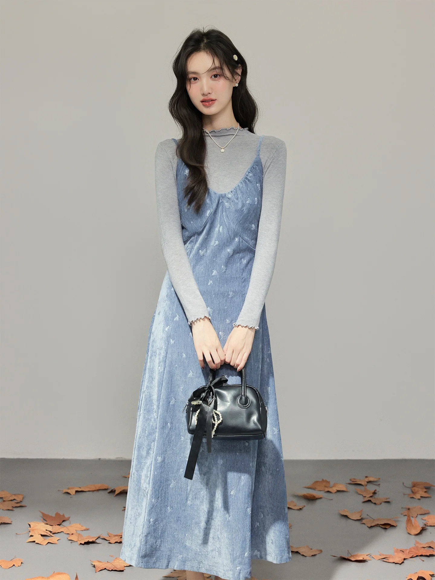 

Синий женский осенне-зимний комплект с цветочным принтом, новый Sle Gentle Wind Chen Dr с под irt, комплект из двух предметов, хлопок, теплая мода