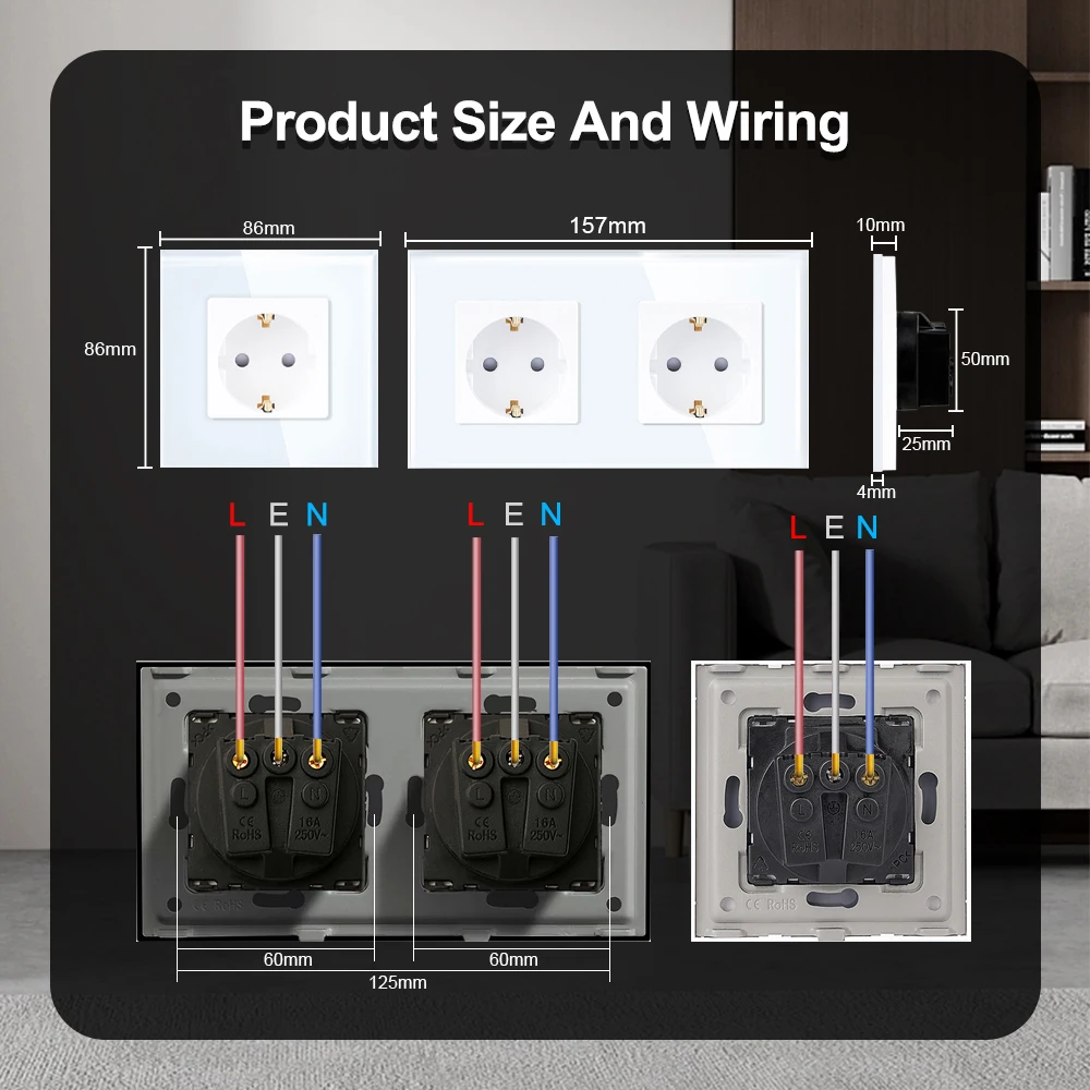 TAWOIA EU Wall Power Socket 16A 250V 1/2/3/4/5 Outputs Power Wall Socket Glass Panel Plug Electrical Outlet With Safety Door