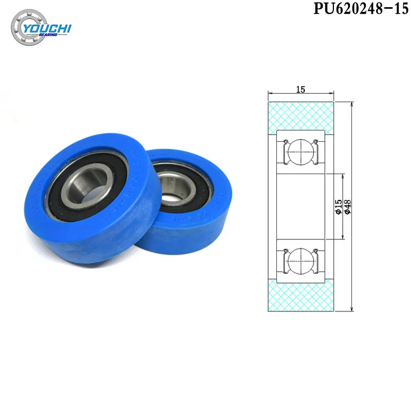 2pcs 15x48x15 Polyurethane Coated Roller PU620248-15 48mm Diameter PU Flat Guide Wheel Pulley 15*48*15 Plastic Bearing