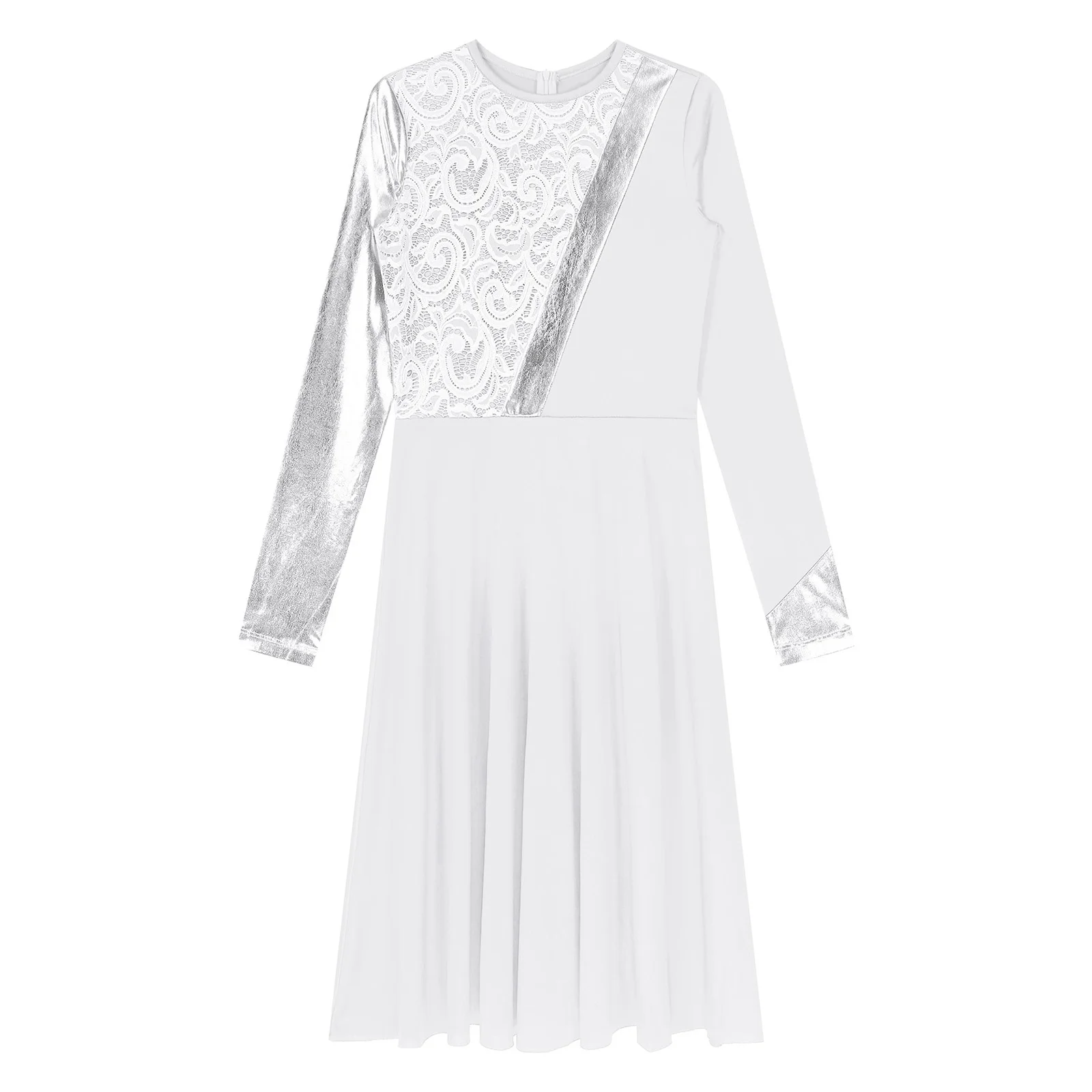 Women Modern Lyrical Dance Performance Dress Church Choir Worship Praise Costume Long Sleeve Lace Patchwork Metallic Dresses image 4