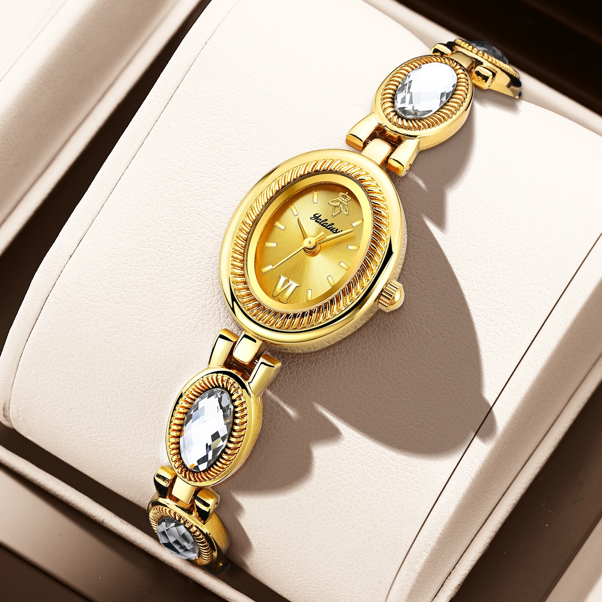 YaLaLuSi Fashionable, niche, Vintage-Style Ladies’ Wristwatch with Rhinestone Bracelet; Water-Resistant Quartz Watch Reloj