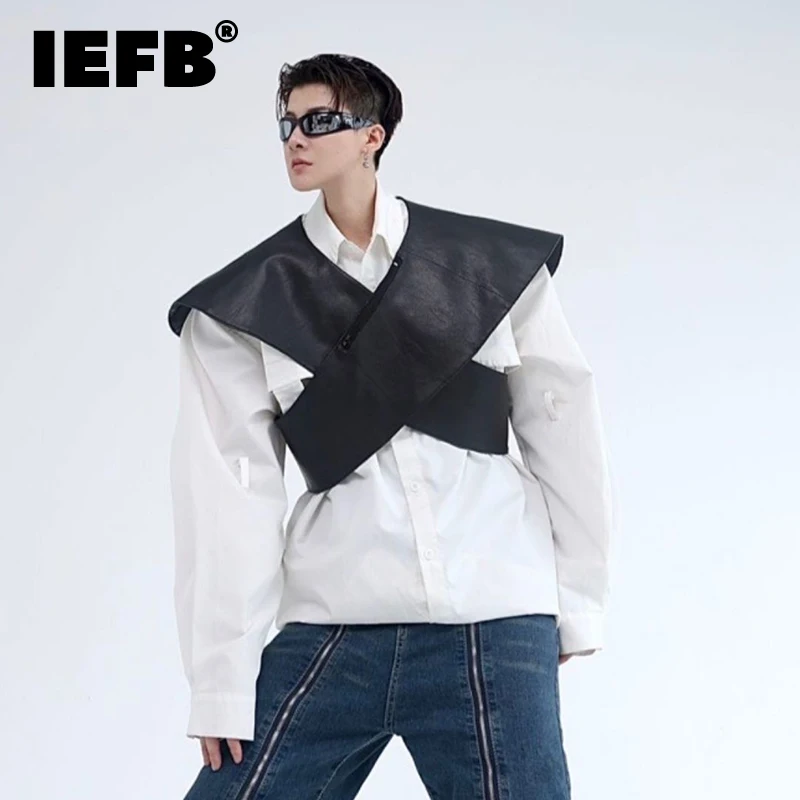 IEFB Personalized Pu Men\'s Waistcoat Trend Darkwear 2023 Solid Color High Street Vest Male Tops Temperament Fashion 9A5550