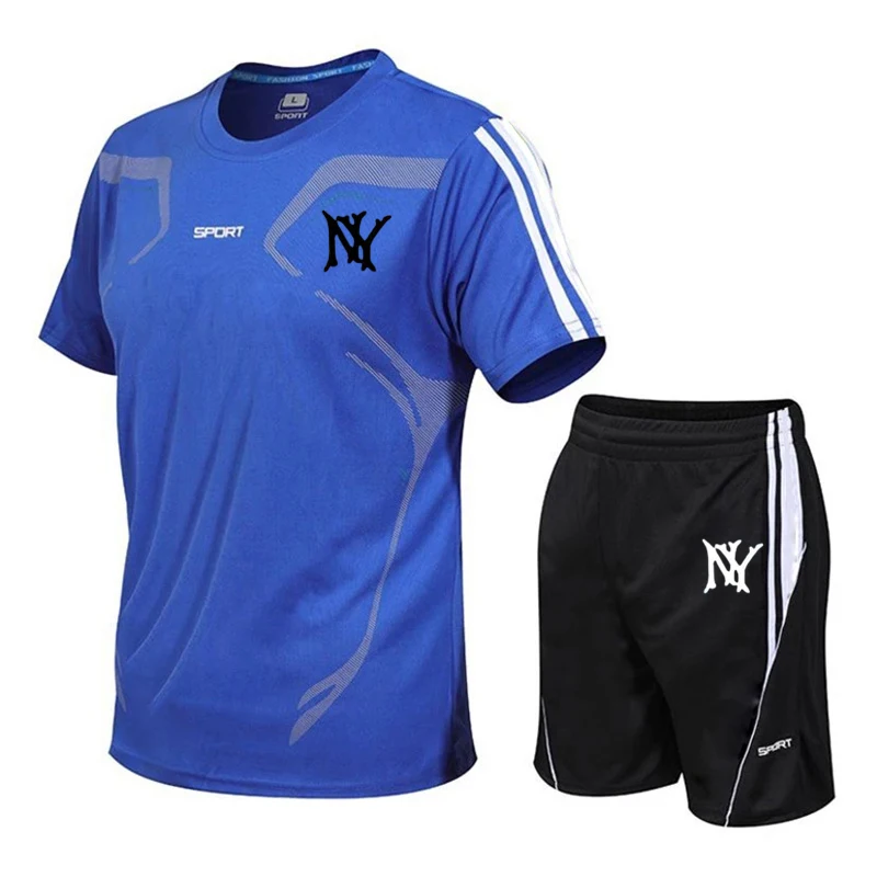 

New summer fitness sportswear for men, short-sleeved T-shirt and shorts two-piece set, breathable and quick-drying casual wear.
