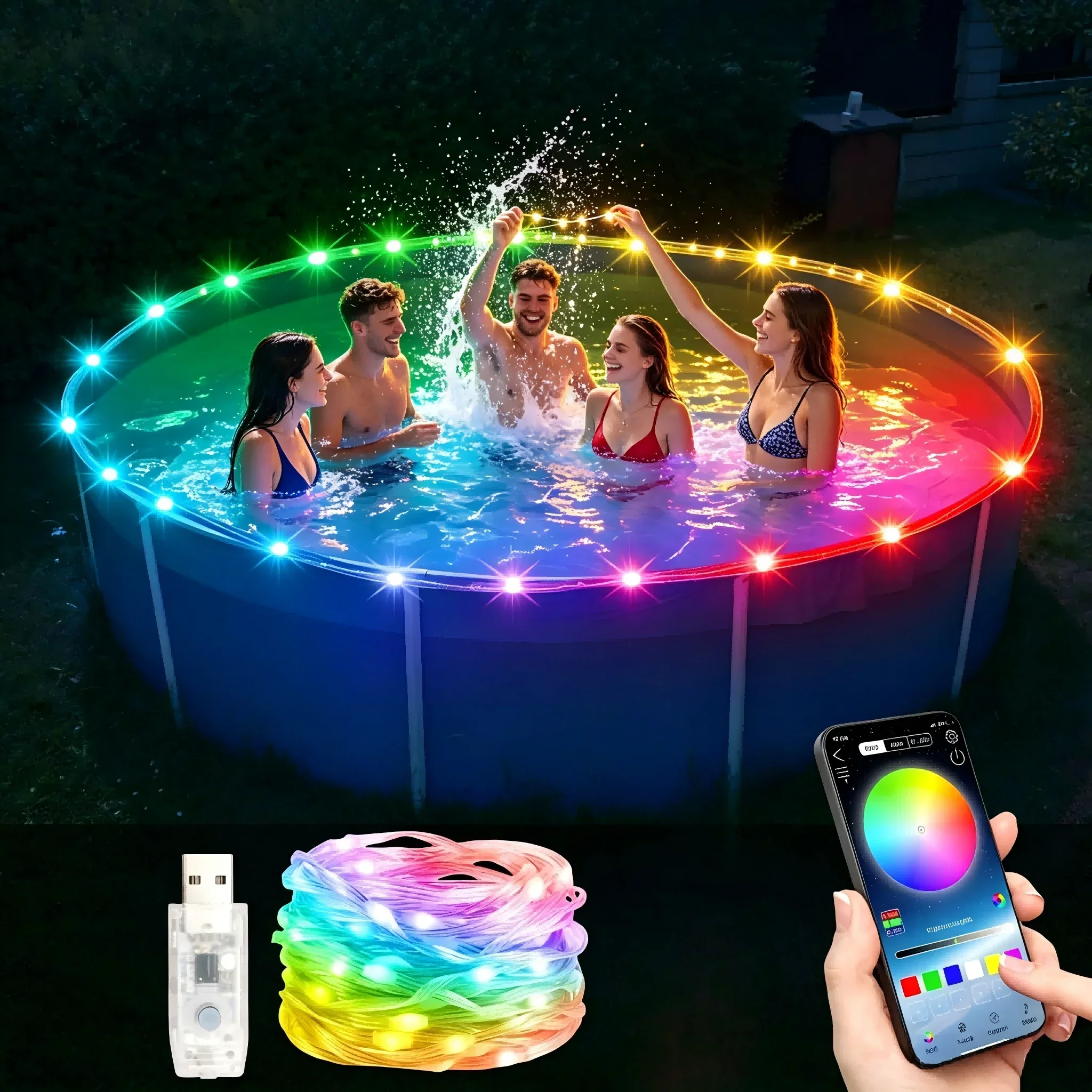 Pool LED Strip Lights  IP65 Waterproof  Bluetooth App & USB Button Control  Music Sync USB Powered for Above Ground Pools
