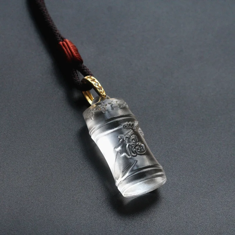 Chinese Style Lucky Clear Ancient Liuli Bamboo Shape Fu Character Pendant Necklace Auspicious Blessing Promotion Fortune Amulet