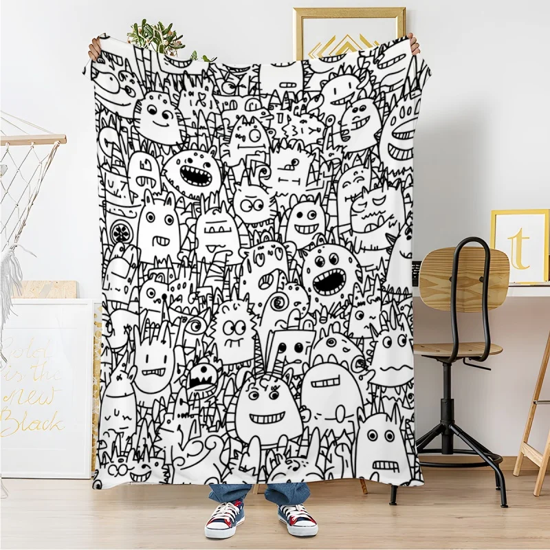 Black White Doodle Cartoon Monster Line Art Flannel Throw Blanket, Light Cozy Blanket for Kids Toddler Playroom Sofa Decor
