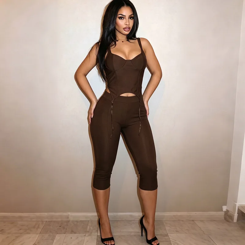 

Women Fashion Solid 2 Piece Set Ribbons Irregular Camis Crop Tops + Skinny Calf Length Pants Casual Streetwear Siuts Clubwear