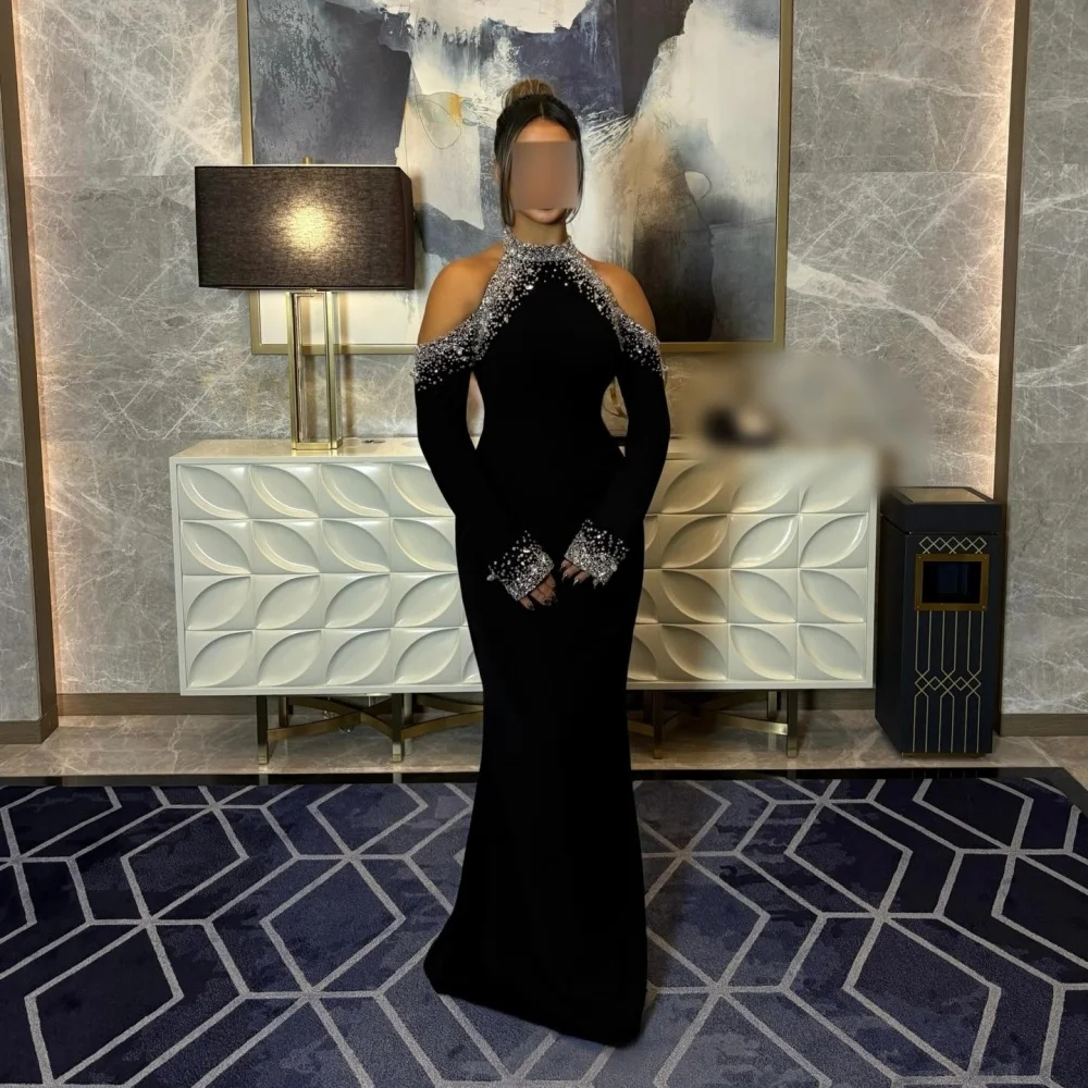 Aangepaste hoge kwaliteit glitter zeemeermin lange zwarte jurken luxe avondjurk voor dames op maat gemaakte gelegenheid bruiloft feestjurk