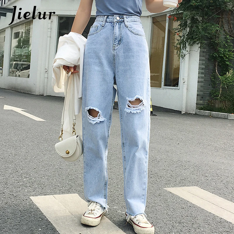 Holes Women Jeans Hipster Loose Basic High Waist Jeans Female Denim Trousers New Spodnie Damskie S-5XL Blue Jean Femme