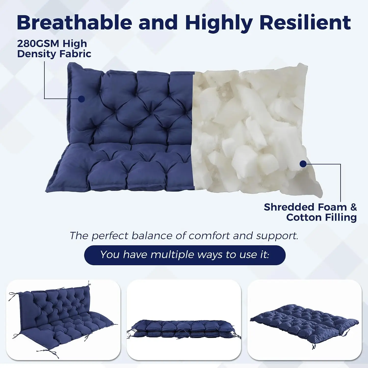 Waterproof Porch Swing Cushion 3 Seater for Outdoor Furniture, Patio Bench Glider Settee, 60x40x4 Inch Navy Blue