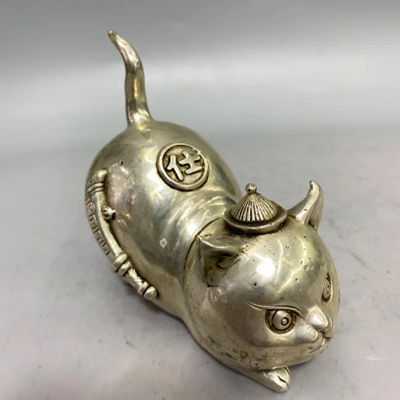 

White Copper Wealth Cat Ornament Chinese Feng Shui Auspicious Lucky Collectible Home Decor Lucky Cat Figurine Nice ArtWork