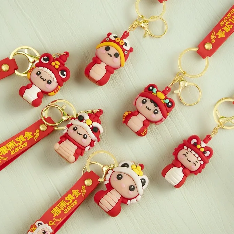 

6 Pieces New Year Pendant Car Keychain Cartoon Couple Bag Charm Chinese New Year Theme Pendant for Keychain Backpack Buckle