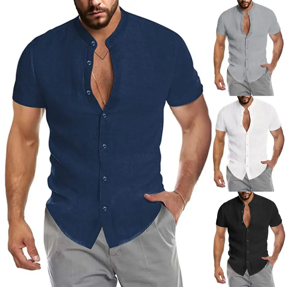 Trendy Male Shirt Simple Beach Shirt Buttons Closure Stand Collar Men Slim Shirt  Cool