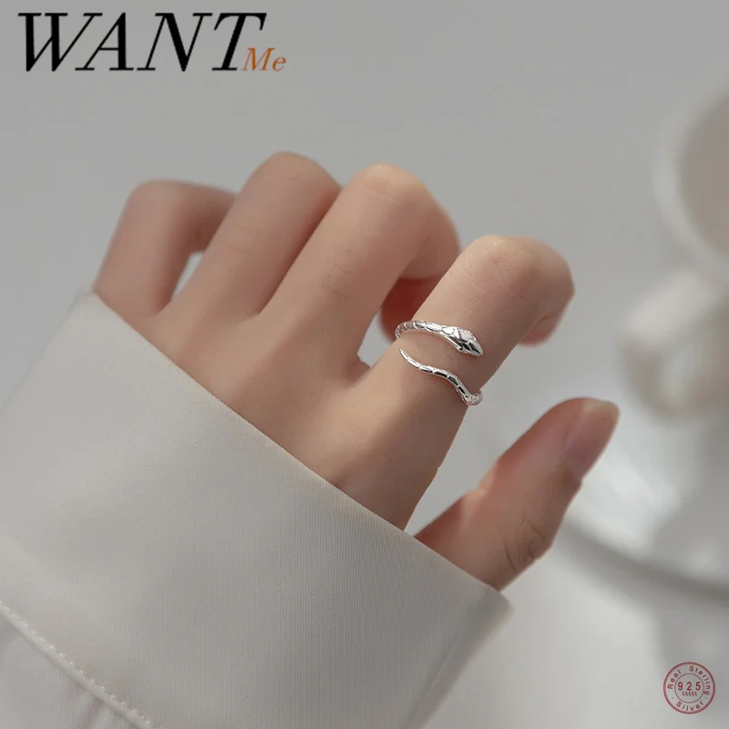 WANTME 925 Sterling Silver Simple Fashion Personality Snake Adjustable Ring for Women Retro Textures Charms Party Jewelry Gift