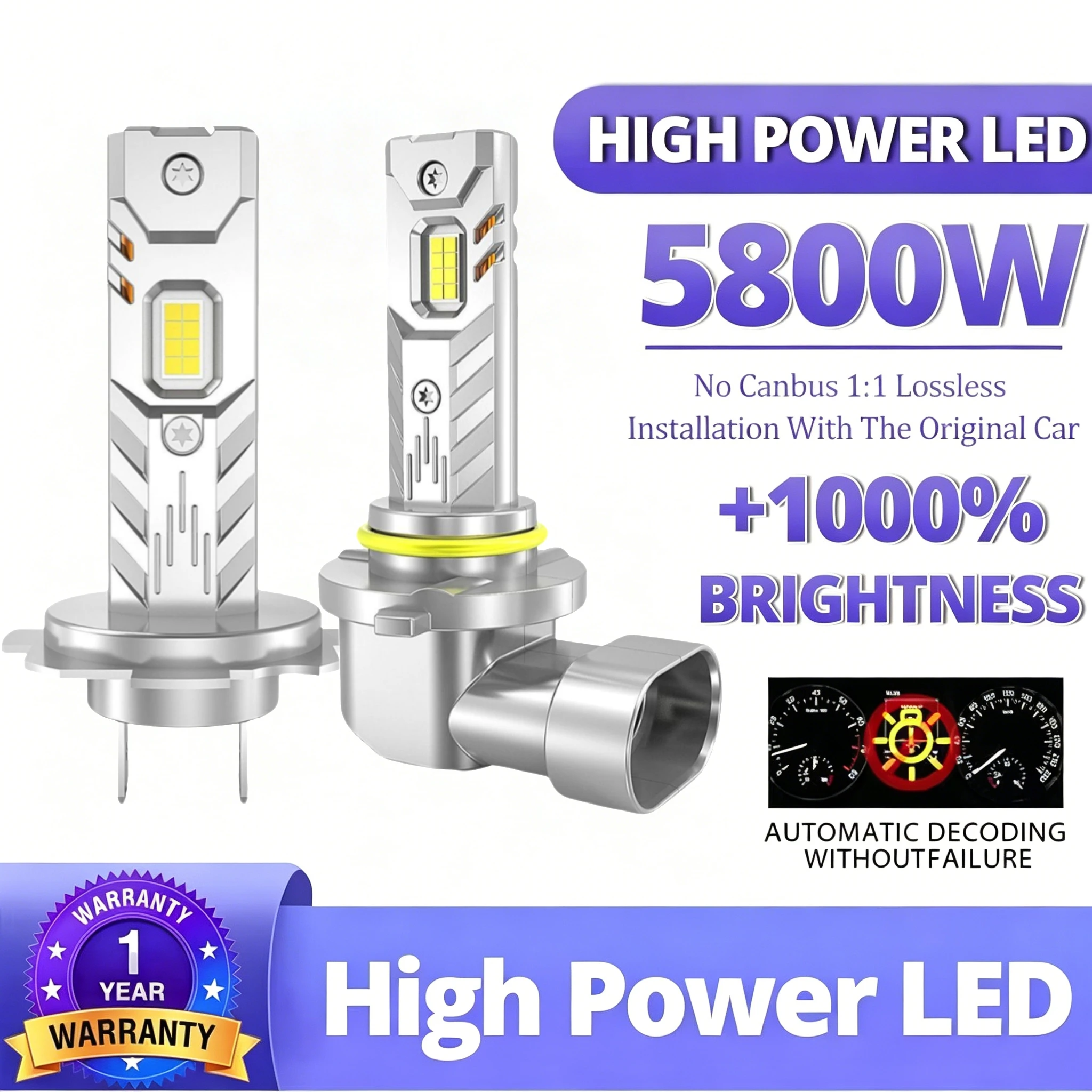 H7 Car Yellow and White Light Led Headlights, Low Beam, High Beam, H1 Integrated High and Low Beam, H4 Direct Plug-In Super Bright Bulb 12V