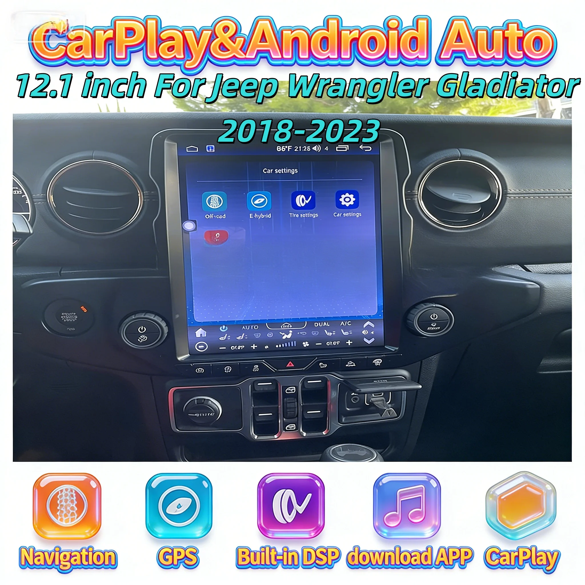 

12,1-дюймовый мультимедийный беспроводной проигрыватель Carplay Bluetooth 5.0 для Jeep Wrangler Gladiator 2018-2023, головное устройство Android, автомобильный GPS-навигатор