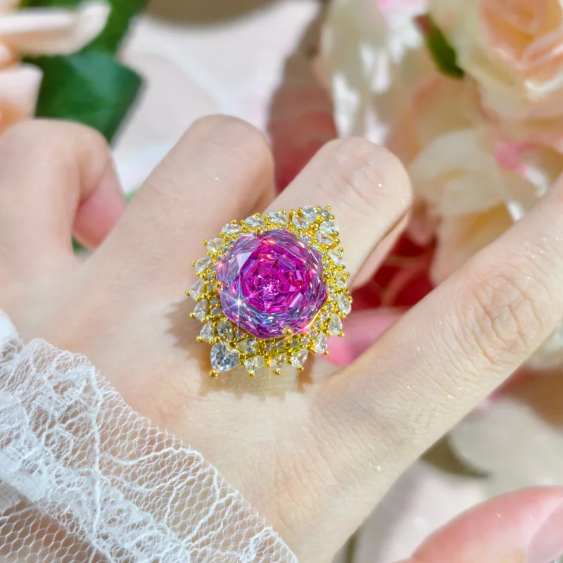 

High-end New Octagonal Rose Cut Red Zircon Large Carat Gold Luxurious Full Diamond Jewelry Three-piece Set