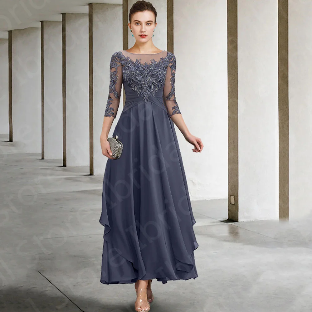 

2023 Charming Dark Blue Mother of the Bride Dresses Lace Illusion Neckline 3/4 Sleeves Wedding Party Gowns Beaded