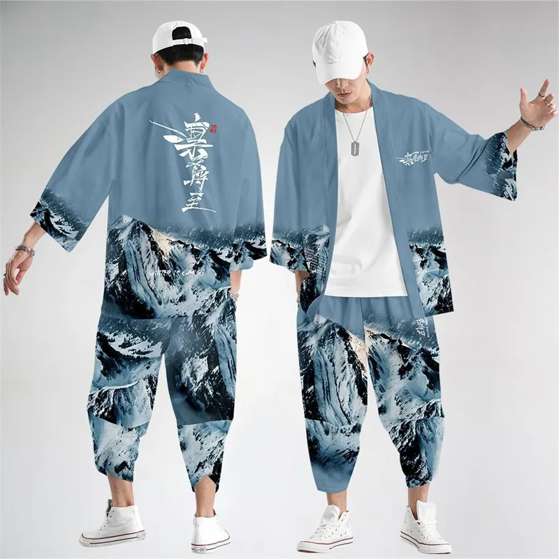 

Two-piece Suit XXS-6XL Loose Japanese Cardigan Women Men Cosplay Yukata Clothing Harajuku Samurai Kimono + Pants Sets -1