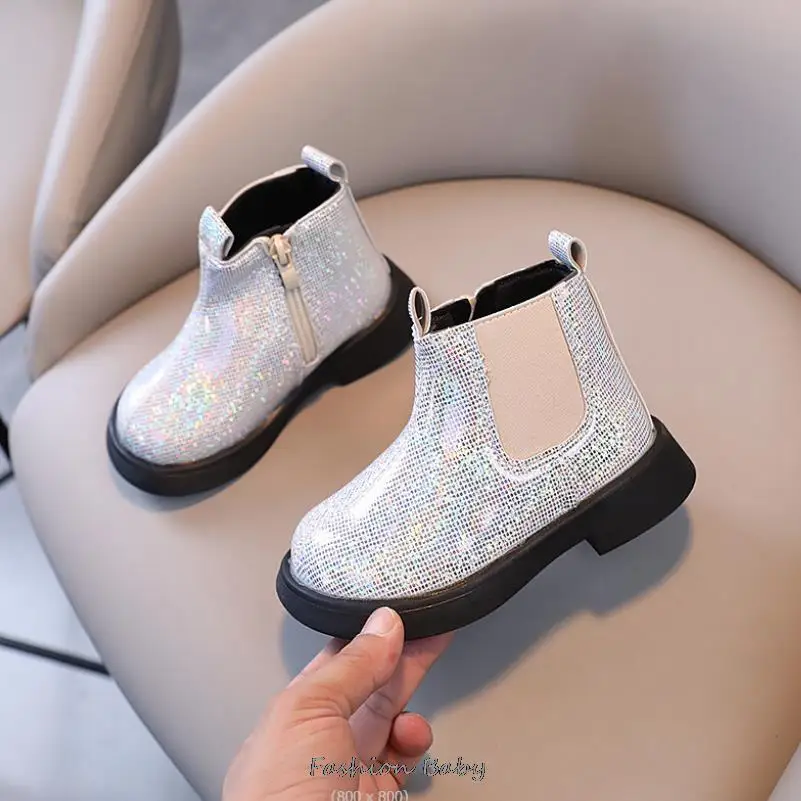 Size 21-30 Kids Autumn Winter Shoes Thick Bottom Waterproof Sequin Boots British Style Girls Toddler Short Boots Anti Slip Foot