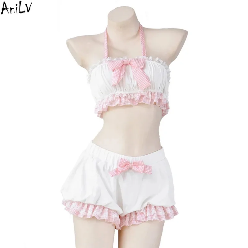 

AniLV Japanese Anime Kawaii Girl Maid Unifrom Swimsuit Outfits Women PInk Cute Bow Bloomers Pajamas Costumes Cosplay